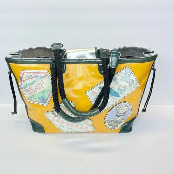 Brighton Fashionista Yellow Coated Canvas Leather Handbag World Travel Tote - Picture 13 of 15